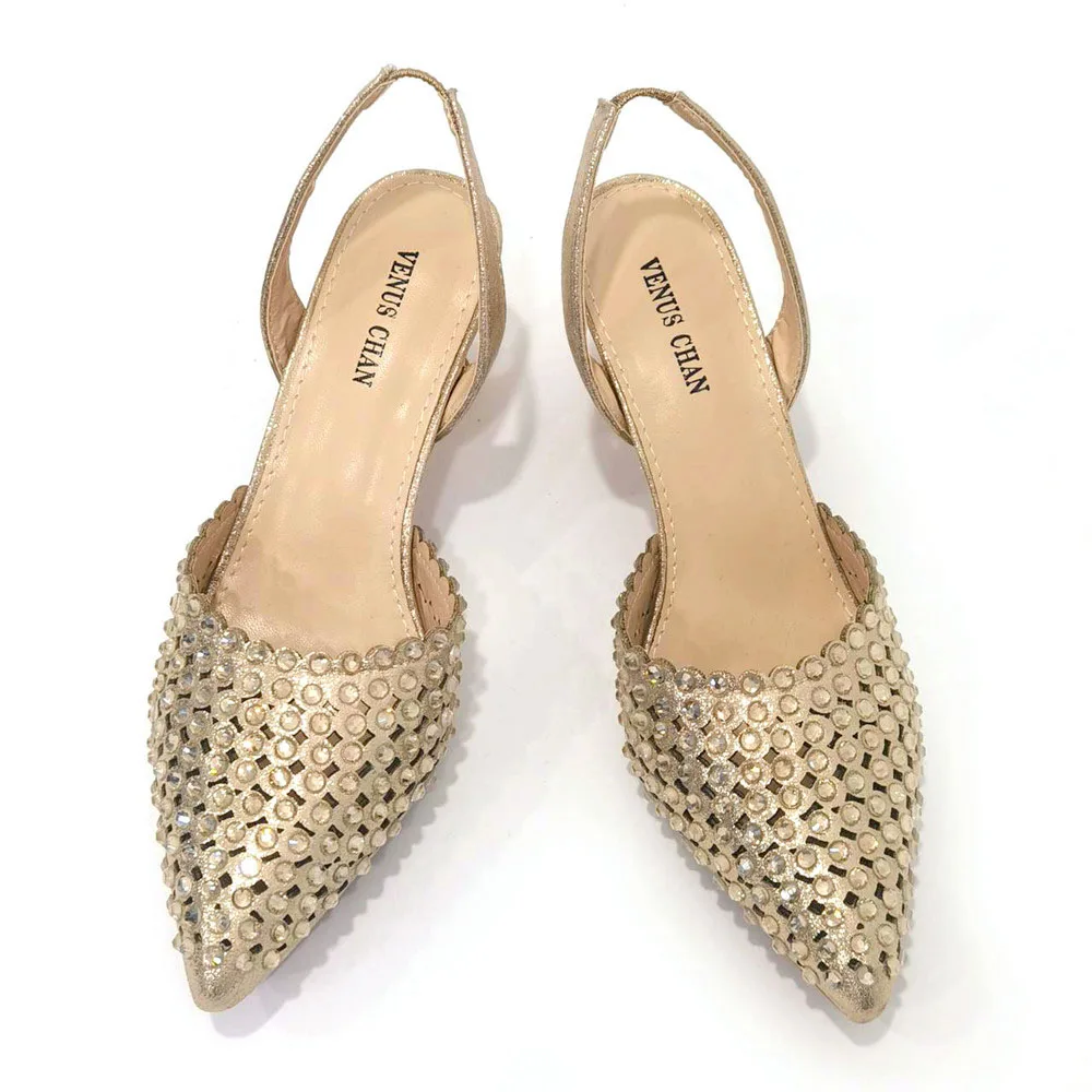 Newest Golden Color Cutout Pumps High Heels Decorated with Rhinestone Flower Design Party Women's Shoes and Bags Set