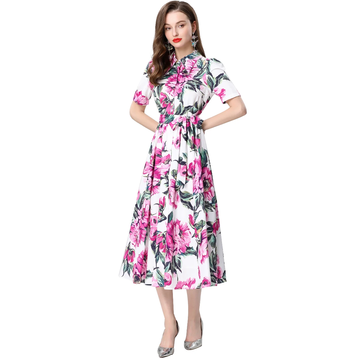 Vestidos para mulheres novo verão manga curta turn down collar vestido feminino impressão rendas vestido feminino vestidos de verano mujer q400