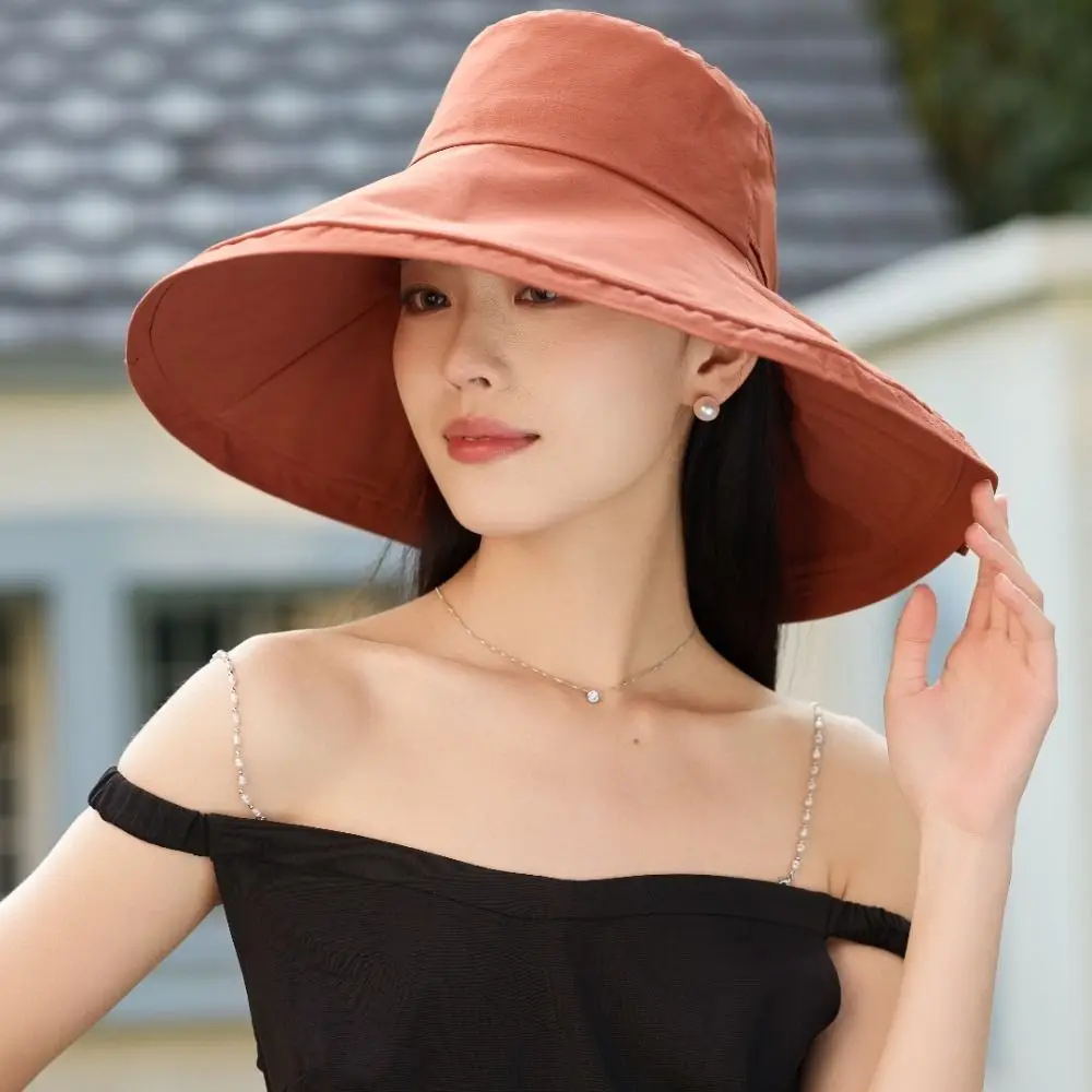 

Fashion Large Brim Sun Hat Foldable Anti-UV Sun Protection Cap Thin Solid Color Bow Fisherman Hat Outdoor Beach