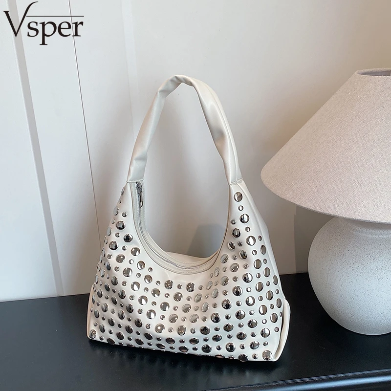 

Сумки-хобо Vsper с заклепками для женщин, из мягкой искусственной кожи, с декором из заклепок, вместительные сумки для покупок, дизайнерские сумки