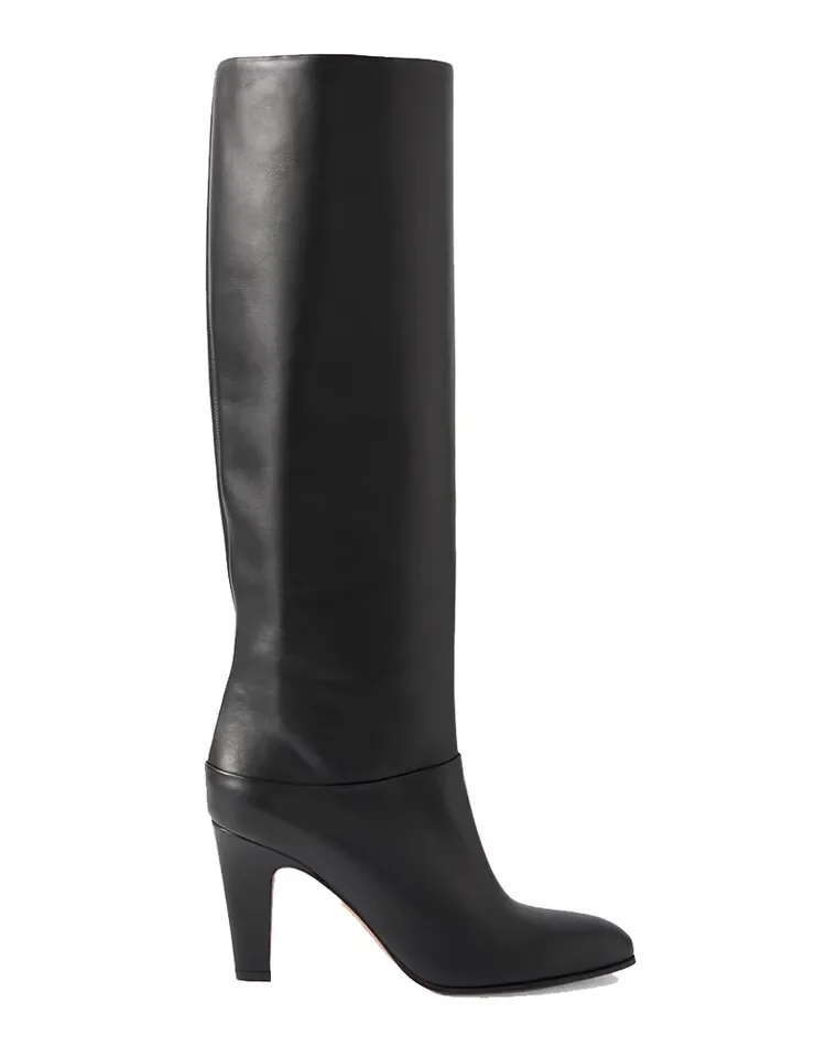 Ladies\' Autumn and Winter Knee Length Boots, Round Toe Fashionable Leather Slim Fit High Heels, Size 34-46 Medium Length Boots