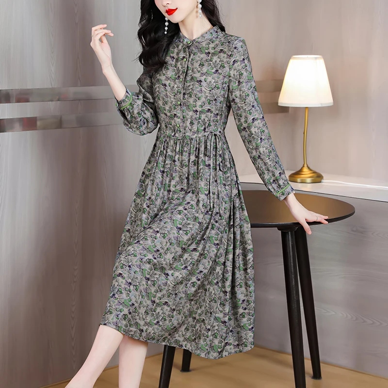 

Spring Summer 2023 Fashion Floral Midi Beach Dress Women Casual Tunics Vintage Light Mulberry Silk Chic Long Party Dress