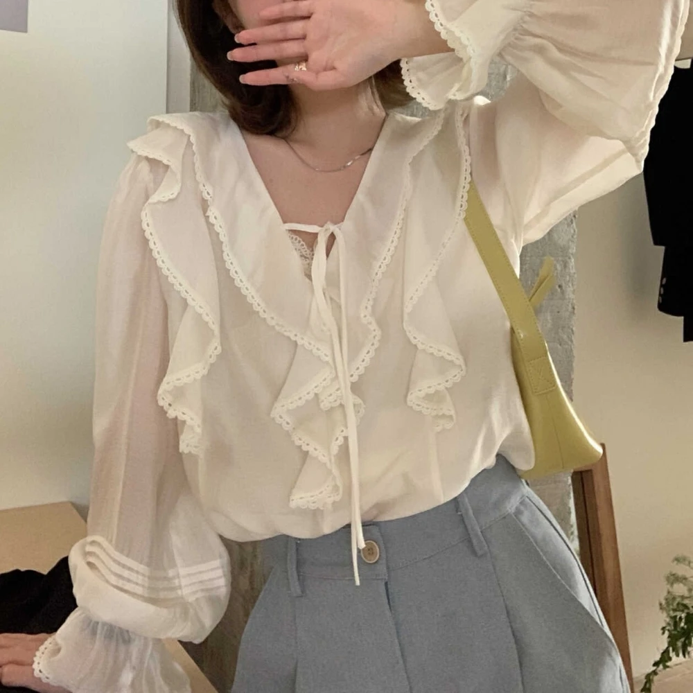 

Fashionable Sweet Tencel Shirt Women Korean Spring Summer Ruffled Blouse V-neck Long Sleeved Top Beige Shirts