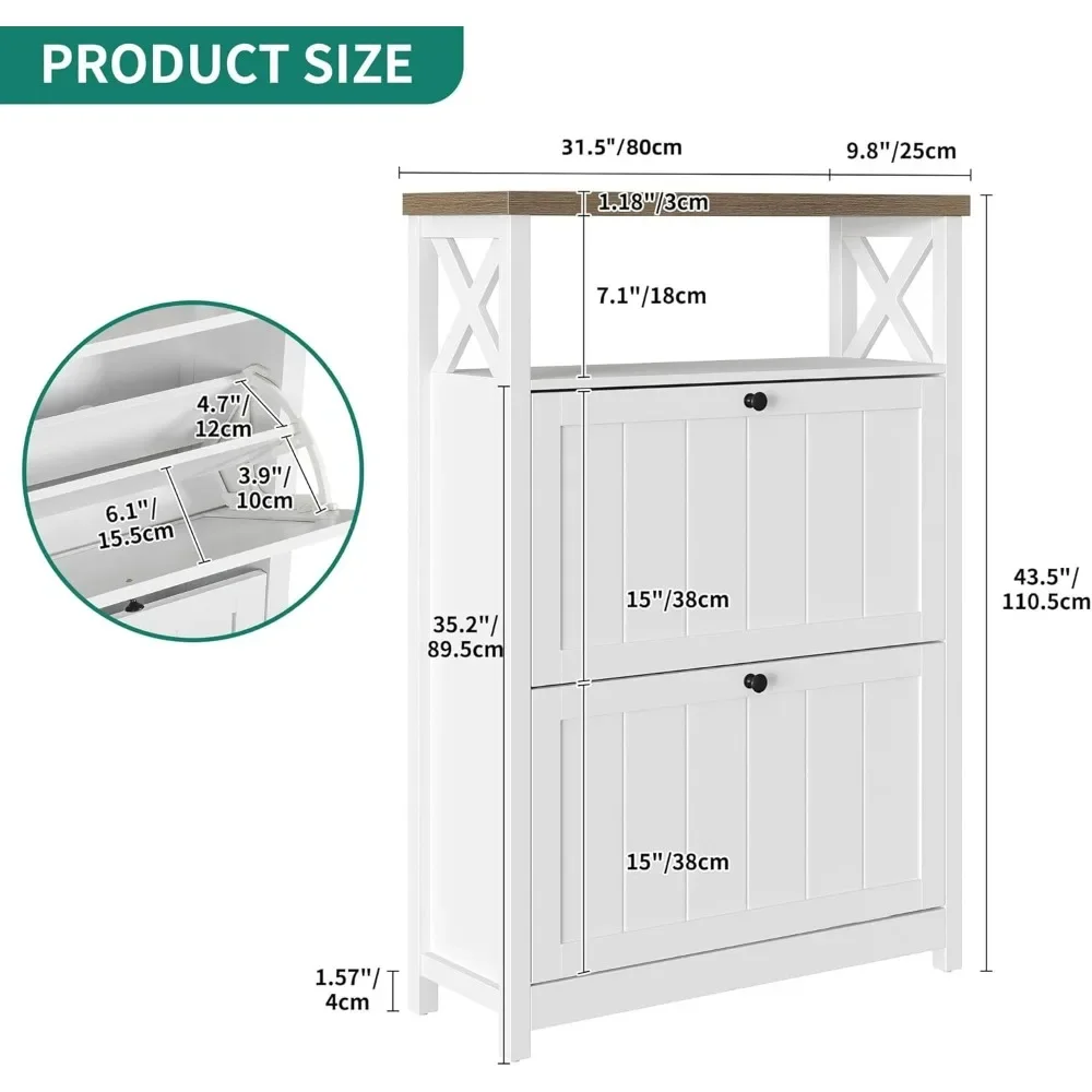 Shoe cabinet with 2 flip drawers, entrance shoe storage cabinet with open shelves, independent hidden shoe rack storage box