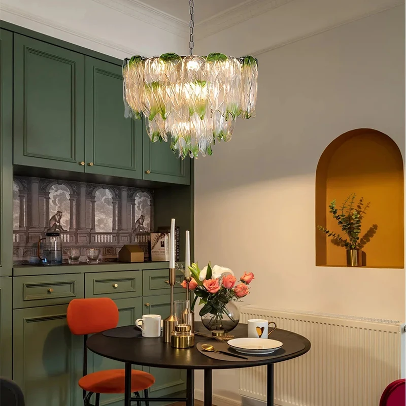 

French gradient green glass chandelier for dining room, bedroom, living room, vintage hall chandelier