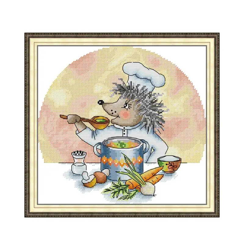Kit de punto de cruz de cocinero erizo, lienzo impreso con cuentas de 14ct y 11ct, costura a mano, bordado de punto de cruz, costura hecha a mano DIY