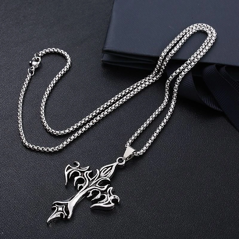 Modische Vintage Flammenkreuz-Anhänger Halskette für Damen und Herren, Lange Kette, Punk Goth Trendige Accessoires, Choker Gothic Schmuck – Detail 6