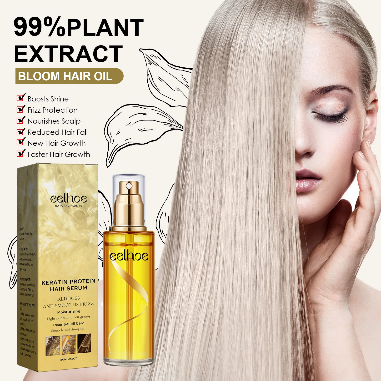 

80ml Eelhoe Keratin Hair Condition Spray Hair Repair Improved Dry Curly Hair Manic Moisturizing Oil Essence Scalp Treatment