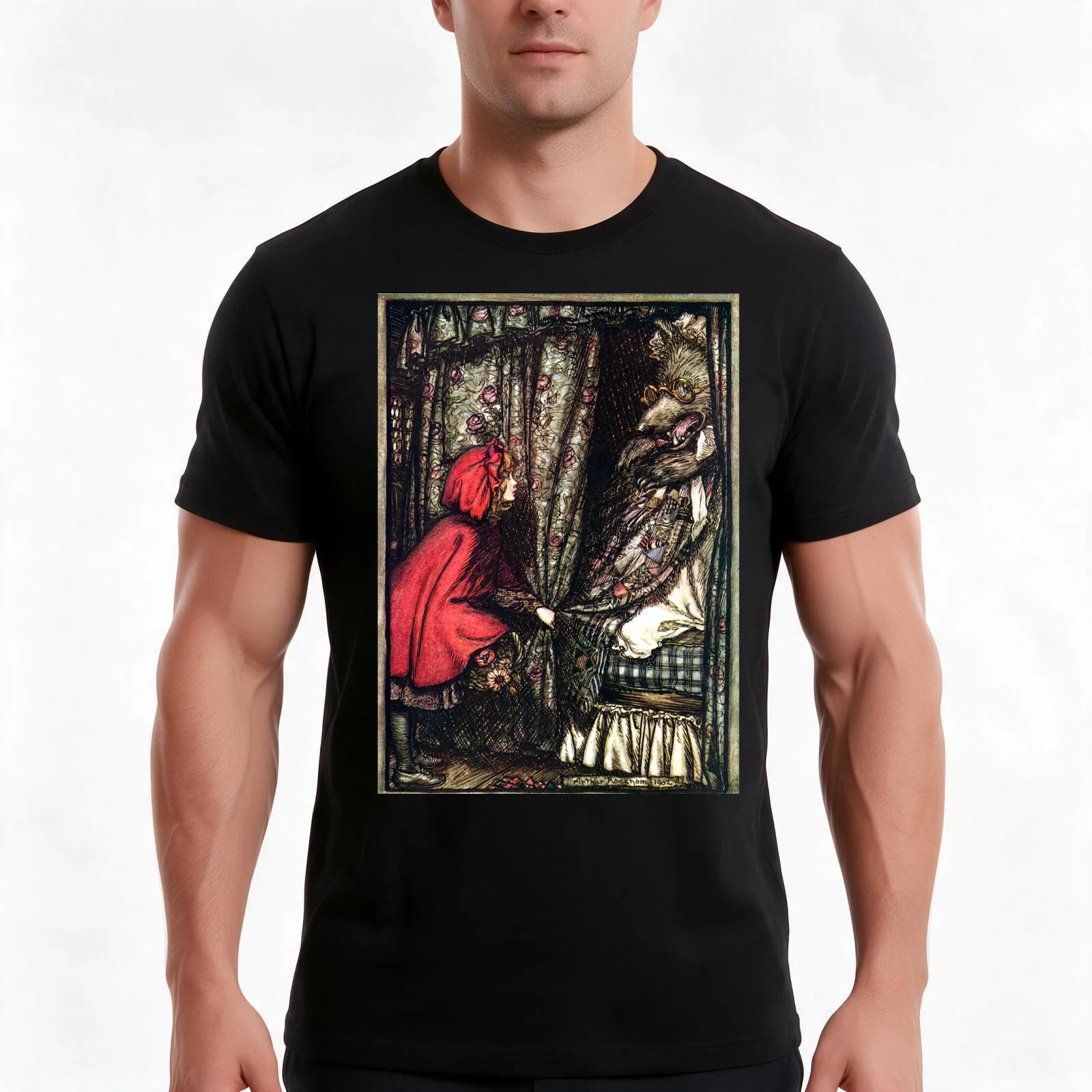 Red Riding Hood and the Wolf - Brothers Grimm - Arthur Rackham T-Shirt, Summer Casual Cotton Tee, Oversized Streetwear Tops