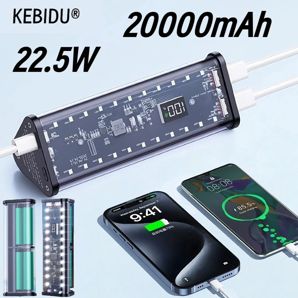 6*18650 Transparent Shell Power Bank Case 22.5W Fast Charging Detachable Powerbank Case LED USB Type C Port Battery Storage Box