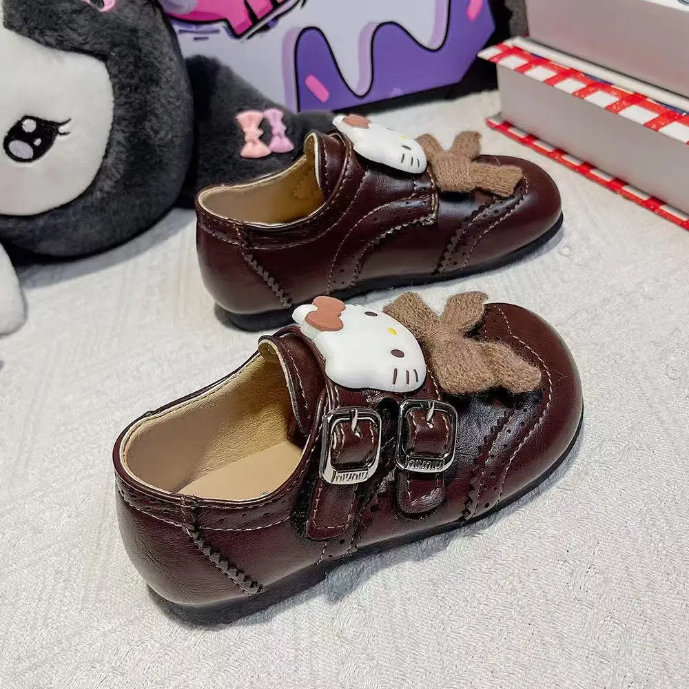 r ‌ 실제 사진 2025 신상 편안한 헬로키티 쿠로미 만화 리본 패션 여자아이 어린이 캐주얼 플랫 가죽 신발