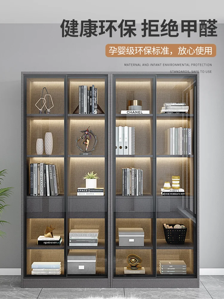 Sliding Door Light Luxury Bookcase Simple Modern Glass Door Display Cabinet Living Room Solid Wood Cabinets Entire Wall