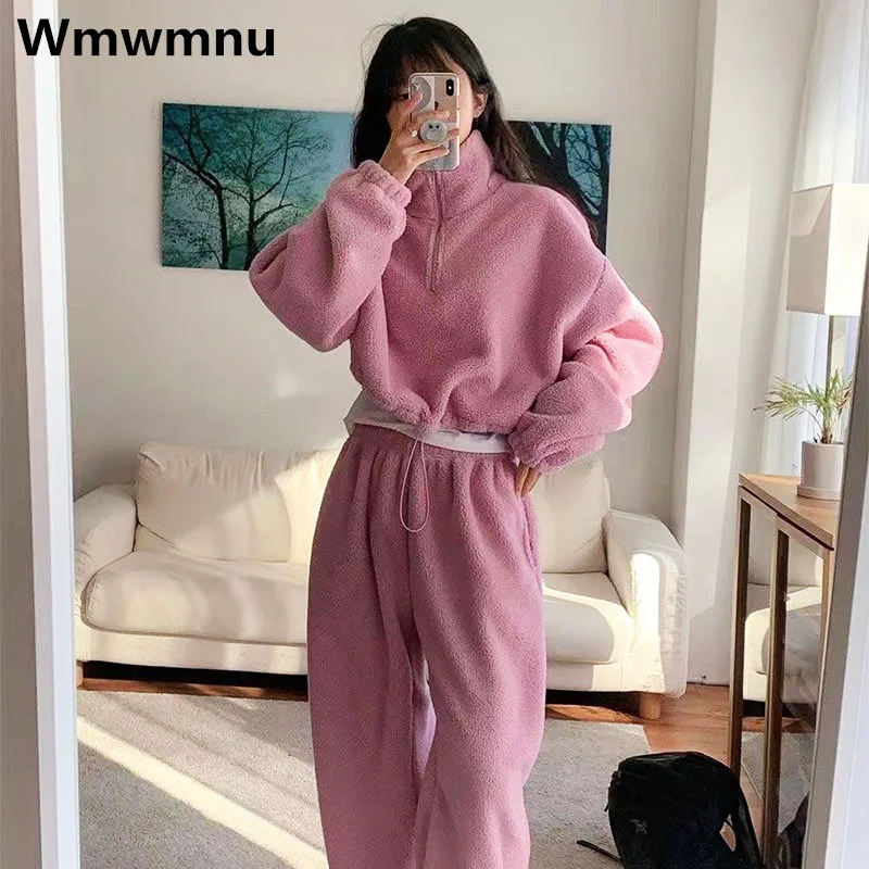 Lambwool Tracksuits Suit Warm Plush Sweatshirt Tops Conjunto Thick Fleece Jogger Outfit Womens Casual Sweatpants 2 Piece Set New