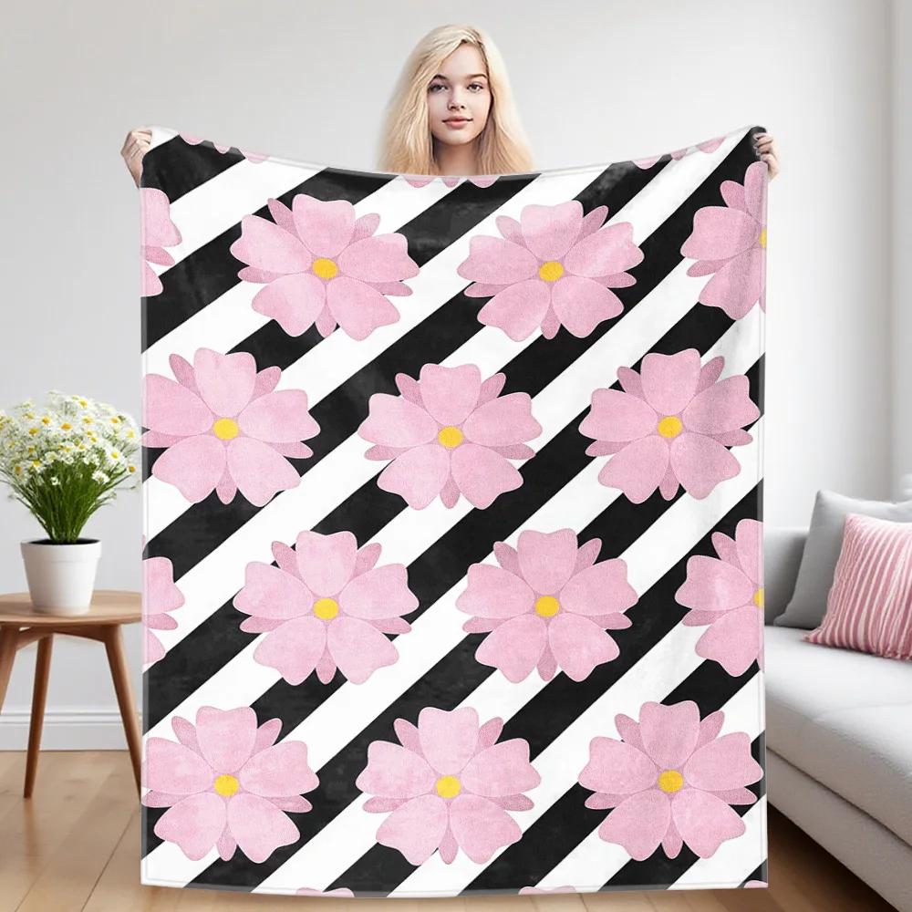 Pink Flower Diagonals Warm And Soft Halloween And Christmas Sofa Decoration Gift With Flannel Blanket