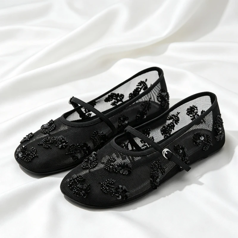 Elegant Mesh String Bead Ballet Flats Women Luxury Sequins Buckle Design Mary Jane Shoes Comfort Round Toe Soft Designer Shoes