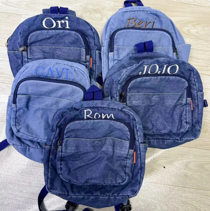 Personalised Embroidery Denim Backpack,Jean Backpack for Women Daypack Jeans Student Rucksack Travel School Bookbag Shoulder Bag