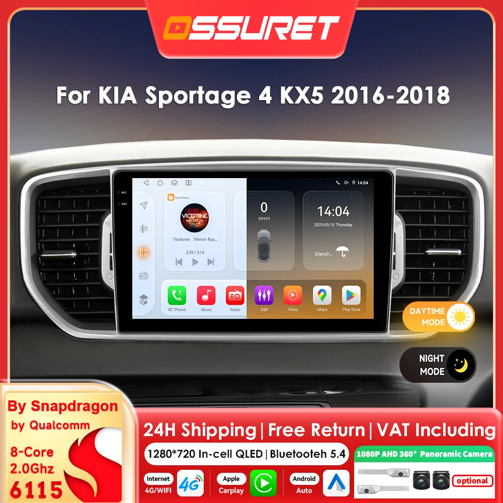 Carplay Android 14 Autoradio für Kia Sportage 4 KX5 2016 2017 2018 Multimedia-Player mit Snapdragon GPS 360°-Kamera und Bildschirm