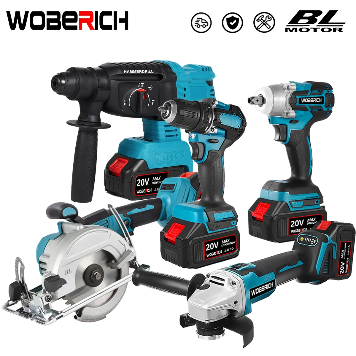 

WOBERICH Brushless Cordless Angle Grinder Electric circular saw Electric Impact Hammer Drill With 2x Battery Combo Kits