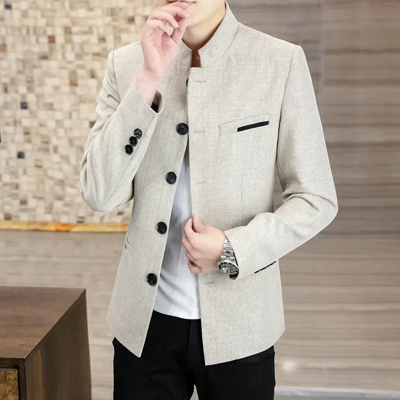 HOO 2024 Men\'s New Stand Collar Suit jackets Youth Imitation Linen Coarse Cloth Casual Multi-Button   blazer