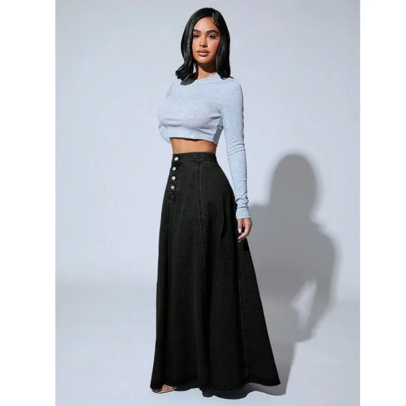 plus Size Women's High Waist Black Denim Long Skirt Single Button Flared Vintage Slimming Fashionable Versatile Mini Skirt view 5