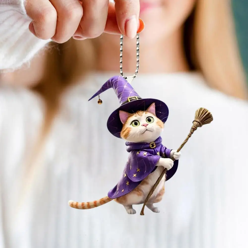 Wizard Hat Cat Hanging Decoration Home Indoor Christmas Tree Car Rearview Mirror 2D Flat Acrylic Broom Kitten Hanging Ornament A