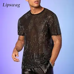 Sexy See Through Mens Mesh T-shirts Shinny Sequin Design Slim T Shirt Summer Men Streetwear Trendy Short Sleeve O-Neck Pullovers