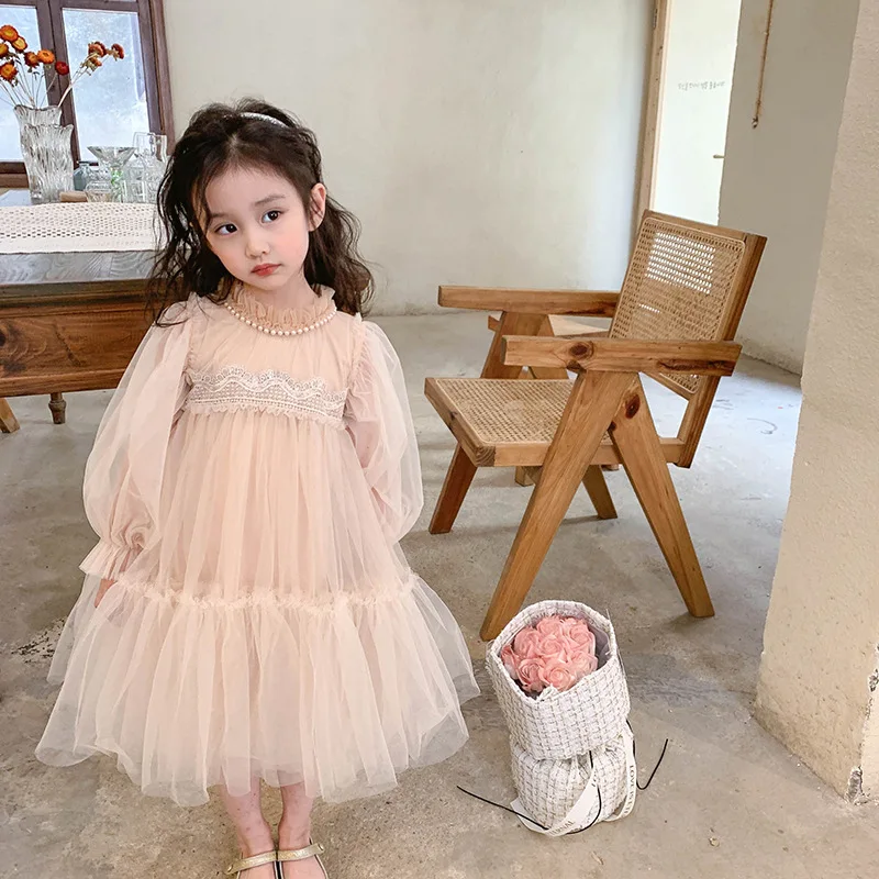 Girls' Spring and Autumn Dress2024New Children's Baby Girl Western Style Lace Splicing Puffy Gauze Princess Dress