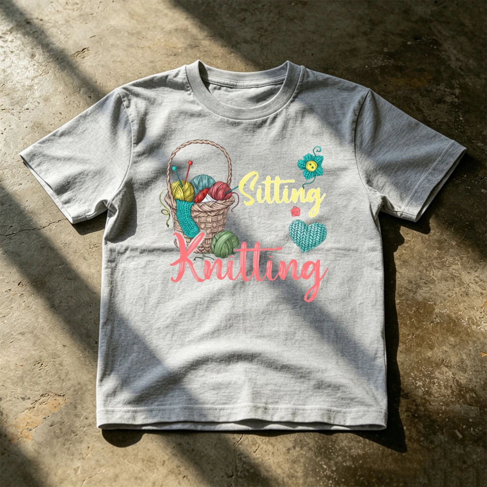 Sitting Knitting Basket Yarn Graphic Men Casual T Shirt Relaxed Lifestyle Clothes Summer Artistic Cottagecore Tops