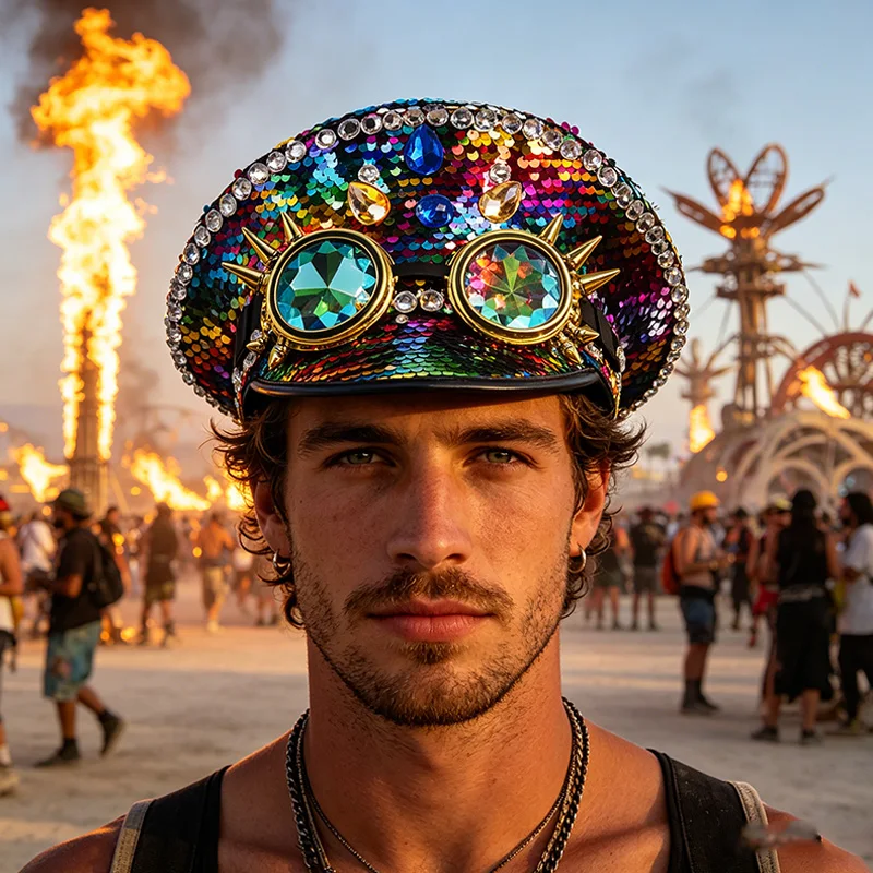 

Крутая шляпа с пайетками в стиле Burning Man для женщин и мужчин, для музыкальных фестивалей, в стиле военного капитана, в стиле стимпанк, с очками