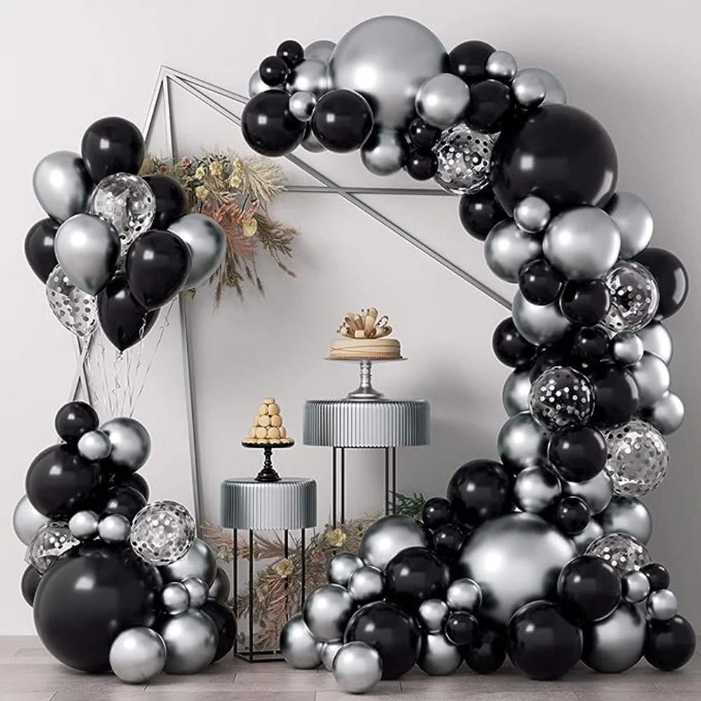 Black Balloons Garland Arch Kit Metallic Silver Confetti Latex Balloon Graduation Kid Birthday Party Wedding Decoration Supplies