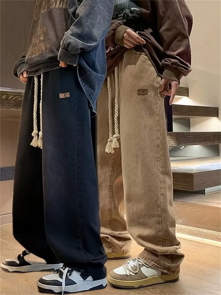 

Свободные джинсы прямого кроя для подростков, школьников старших и средних классов, модные городские джинсы с завязками на талии