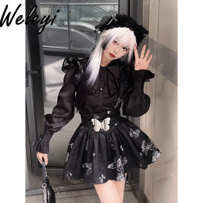 

Gothic Metal Bow Strap Dress Set Butterfly Printed Short Fluffy Dress Elegant Spring Women Long Sleeve Black Shirt 2 Pieces Suit