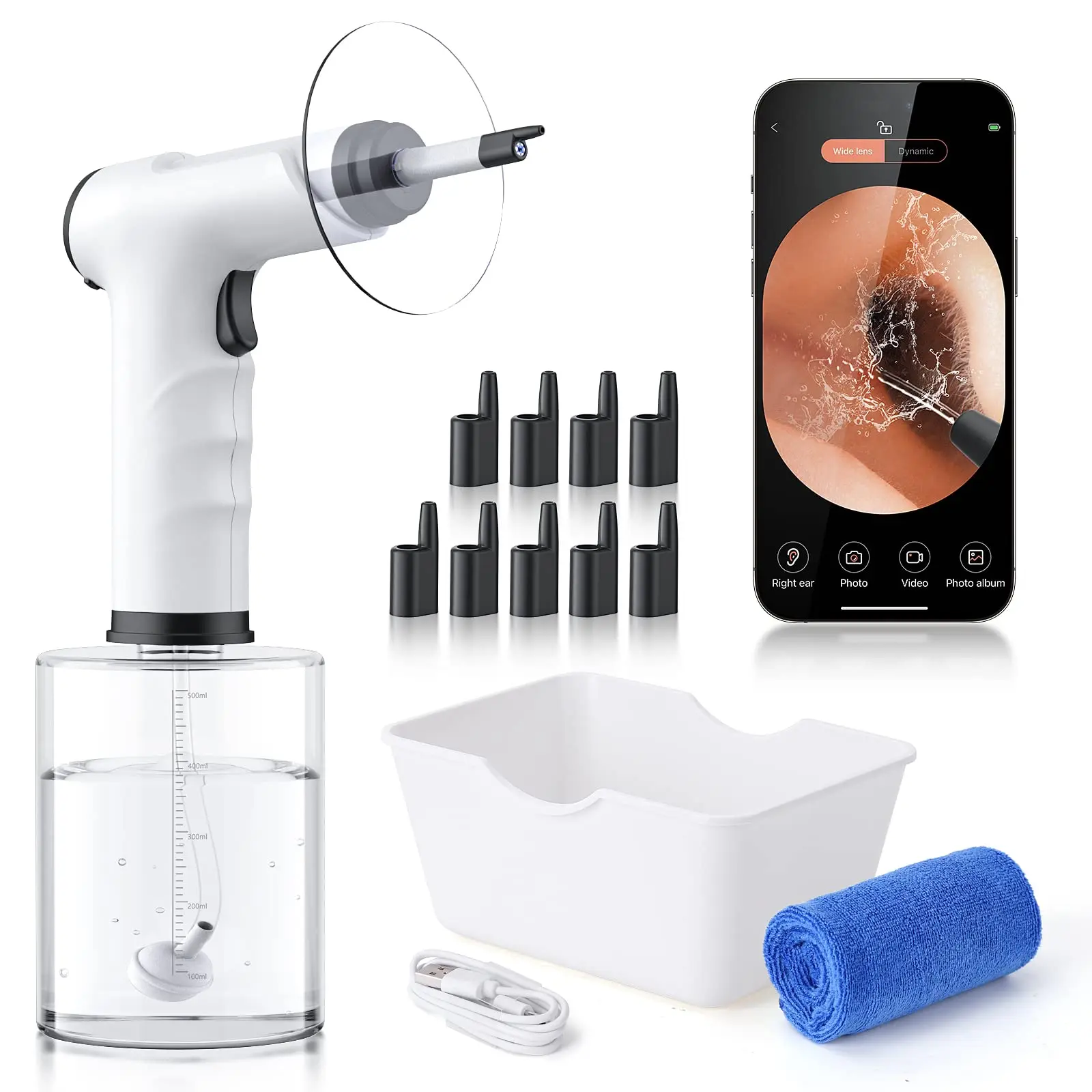 Ear Wax Removal - Ear Cleaner with Camera and Light - Ear Irrigation Kit with 4 Pressure Modes - Ear Camera for iOS & Android