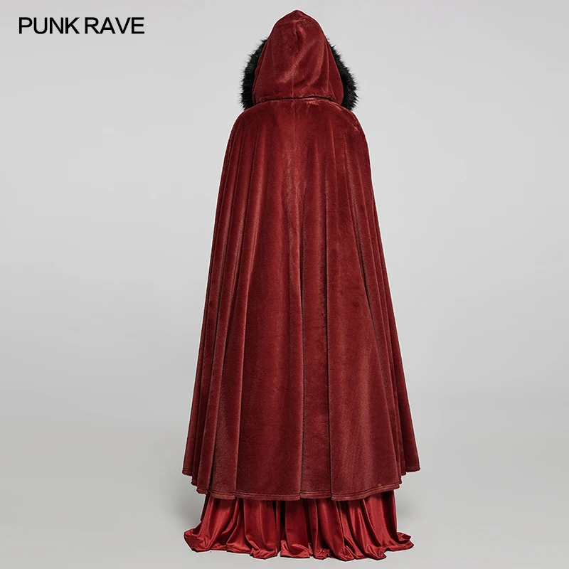 Punk Rave Red&Black two color choice Goth faux rabbit fur long cloak Jacket WY1423