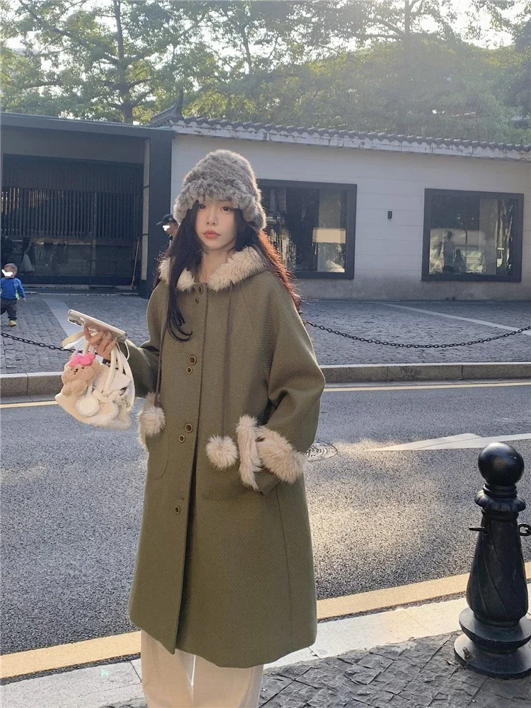 Sweet Hot Girl Woolen Coat Women's Autumn and Winter Forest Green Cloak Medium Length Hooded Woolen Coat Fashiom Female Clothes