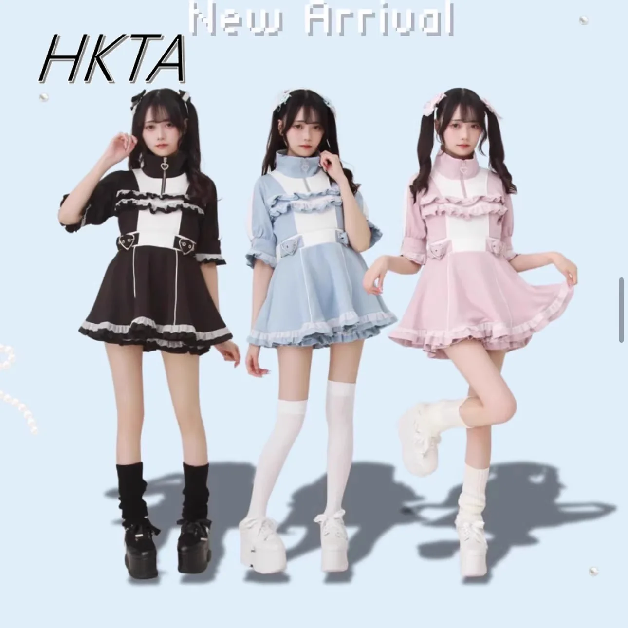 

Japanese Sweet Cute Heavy Industry Short-sleeve Sweatshirt Dress Shorts Two-piece Set Stand-up Collar Ruffle Edge Splicing Dress