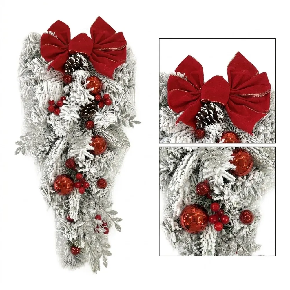 White Artificial Pine Teardrop Swag With Red Bow Berries Snow Flocked Christmas Door Wreath For Front Porch Farmhouse Holiday De
