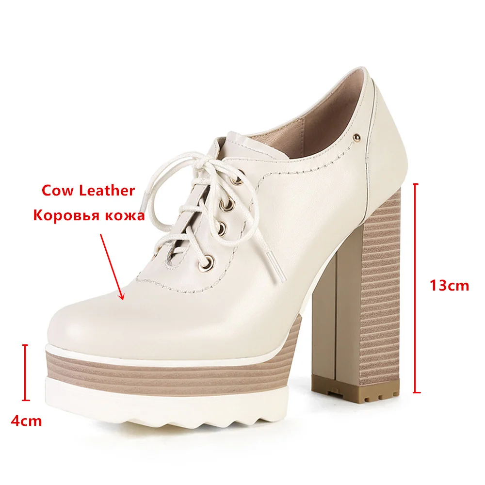 Aucegi Woman Pumps Round Toe 13cm Chunky High Heels Genuine Leather Lace Up Cross-tied Platforms Casual Commuter Shoes Beige