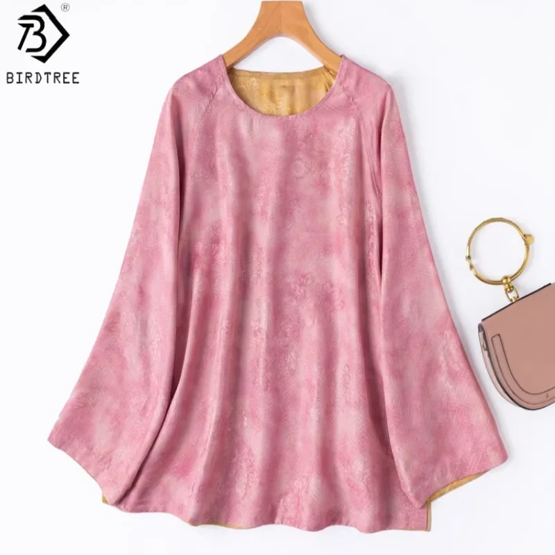 

Birdtree, 100% Real Silk Jacquard Blouse, O-neck Full Sleeve Tops, Women Hualuo Silk Reversible Shirt, 2026 Spring New D64318JF