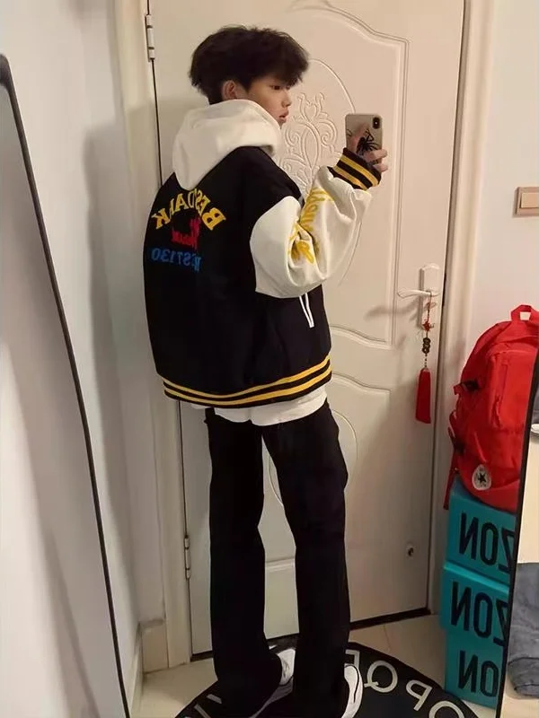 Jaet con letras bordadas Retro americanas, ropa de abrigo holgada de béisbol para hombre, moda Otoño Invierno, chaqueta fresca versátil