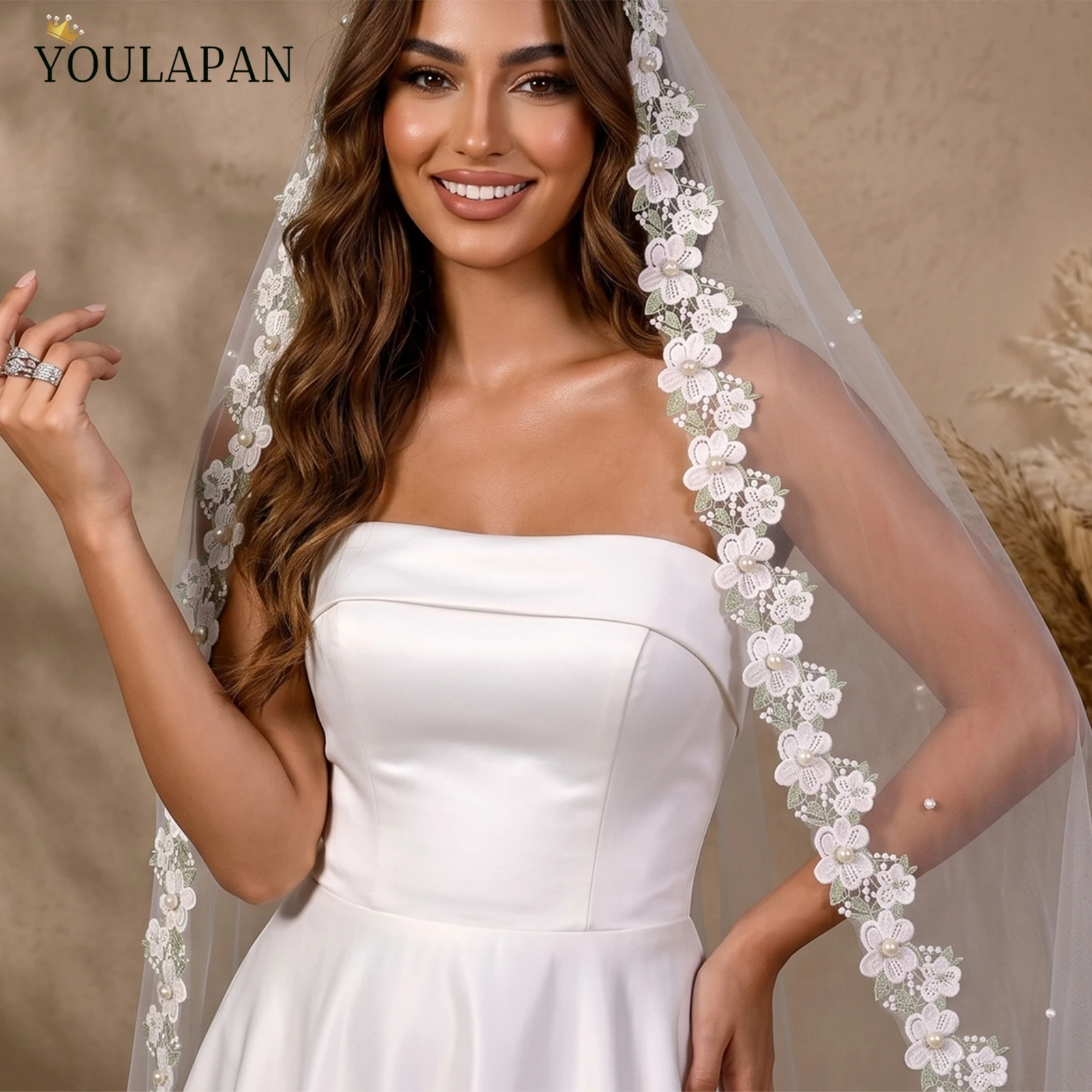 TOPQUEEN Voile MariéE Brautkleid mit grünem Spitzenapplikationsbesatz und Rand, einlagig, elegant, Rochii Bruiloft Accessories V333