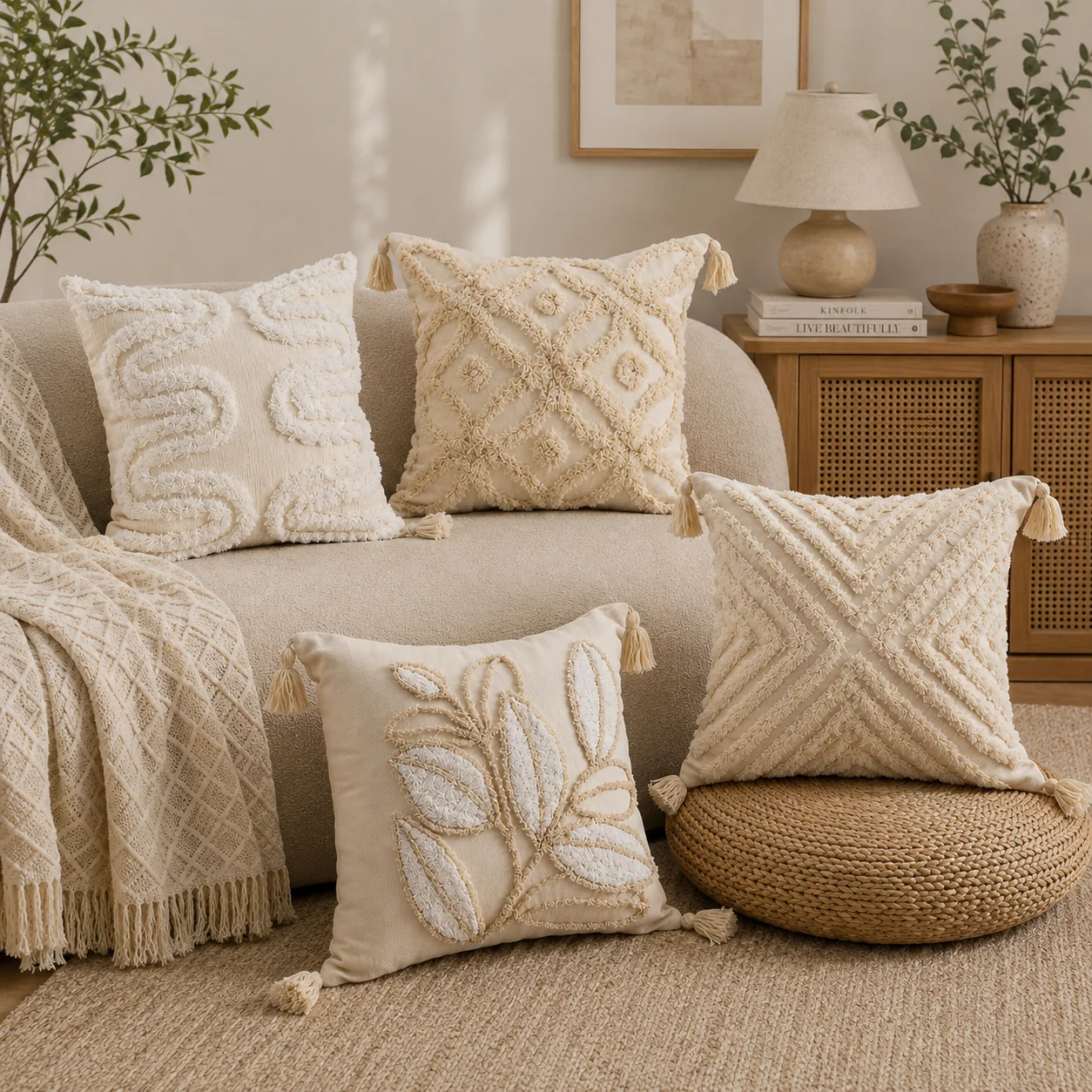 Cream Style Tufted Embroidered Pillow Cover No Insert Textured Cushion Case with Tassels for Sofa Living Room Bedroom Home Decor