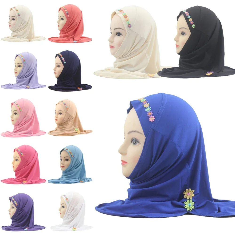

Красивый однотонный маленький хиджаб для девочек, милый цветочный хиджаб, шапки, подходят для детей от 2 до 6 лет, мгновенный шарф, исламский платок, цельный амира