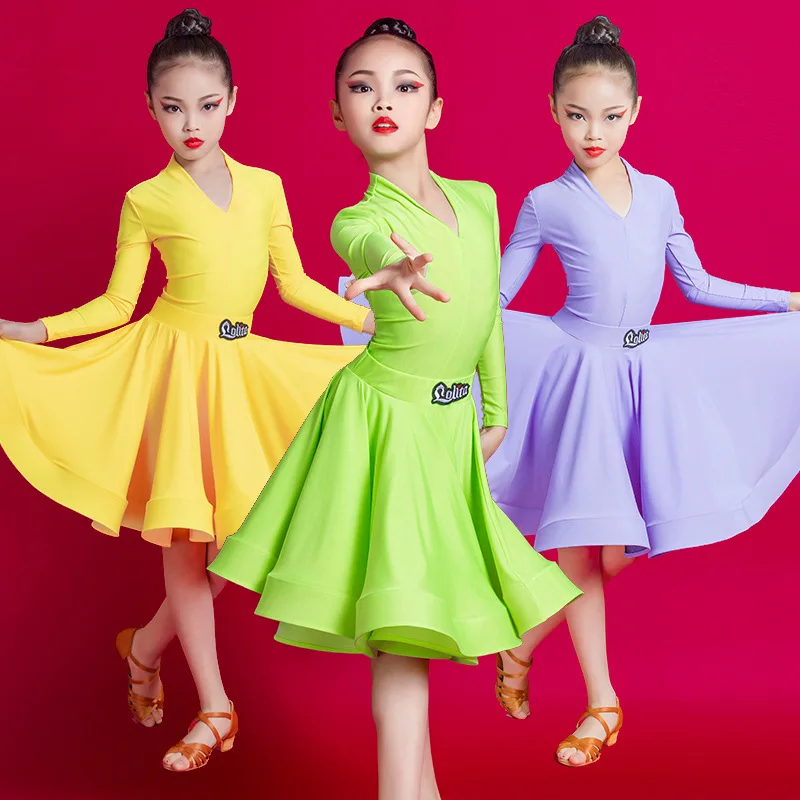 Children Professional Dance Outfits Elegant Long Sleeve Latin American Dance Dress Girls Practice Skirt Dancewear Stage Costume