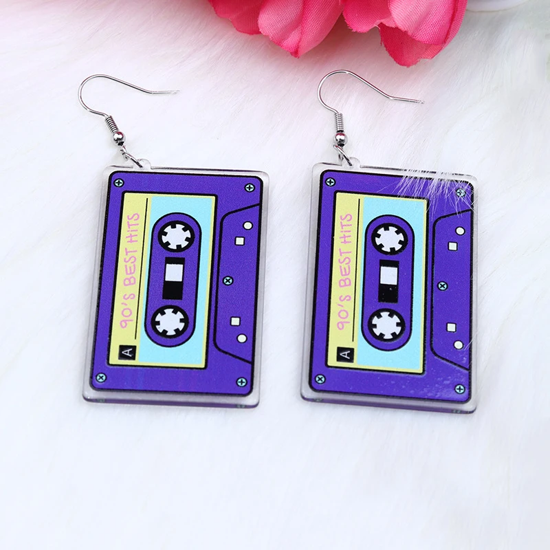 Vintage 90\'s Best HITS Tape Earrings For Women Creative Simulation Cassette Acrylic Dangling Earring