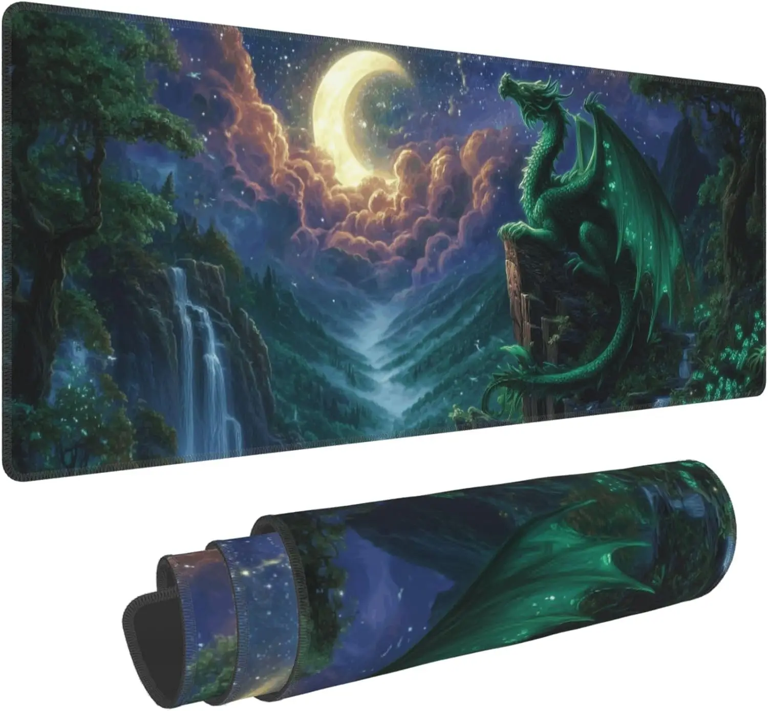 Dragon & Moon Extended Gaming-Mauspad – XL, große Schreibtischunterlage mit genähten Kanten für Gamer und Heimbüro