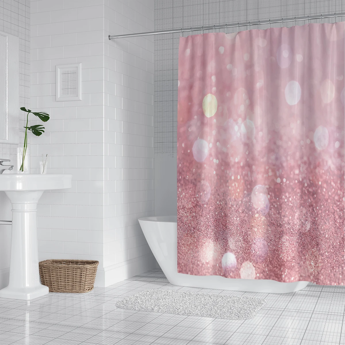 1PC, 180x180cm bathroom polyester shower curtain, mold resistant, waterproof, perforated with hooks, cute pink, fresh, beautiful