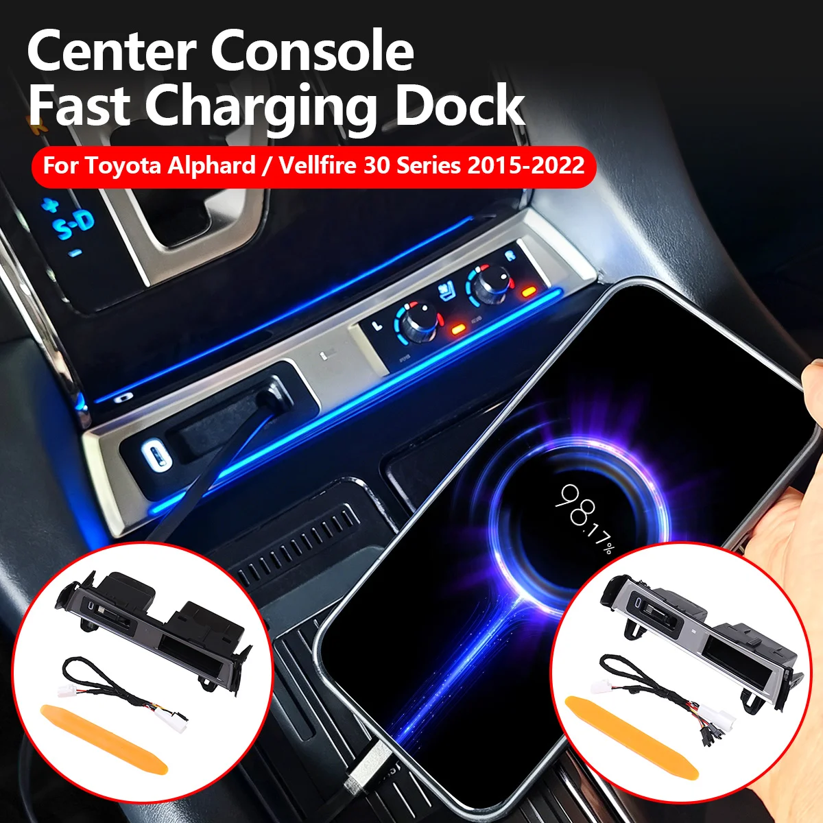 

For Toyota Alphard Vellfire 30 Series 2015-2022 Center Console USB-C Charging Dock Retractable Cable Multicolor Ambient Light