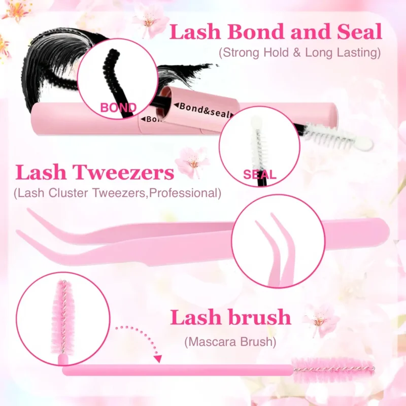 Katzenwimpern Manga Wet Wimpern-Verlängerungsset, Wimperncluster mit Bond- und Seal-Pinzettenbürste, individuelles Wimperncluster-Set