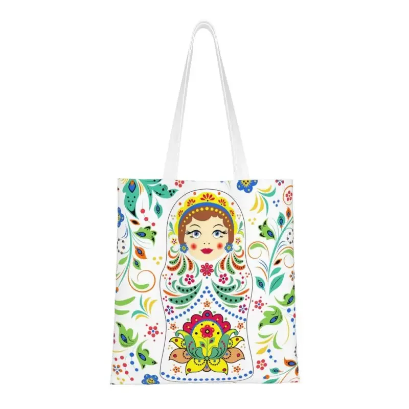 

Cute Printed Russia Matryoshka Doll With Flowers Pattern Shopping Tote Bags Canvas Shopper Shoulder Russian Folk Art Handbag